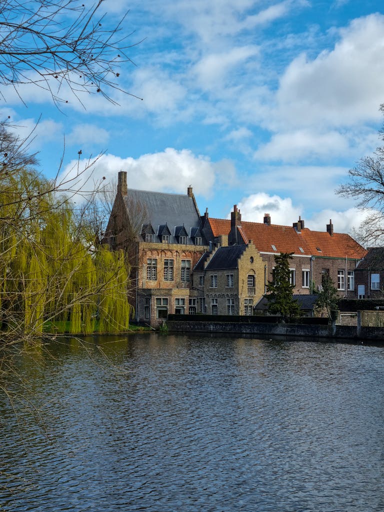 A river with buildings and trees in the background